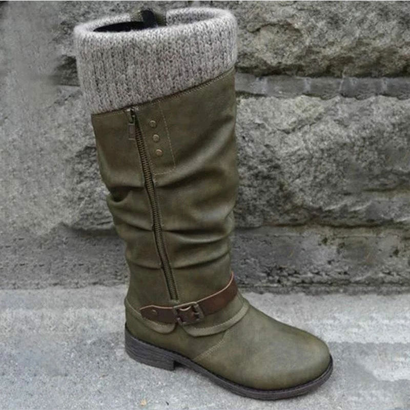 Thick heel side zipper yarn splicing women's boots - JAS AND SUE