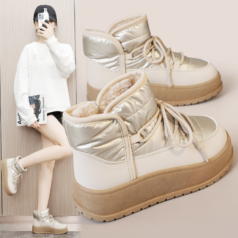 Winter Warm Fleece Lined High Top Thick Sole Elevated Cotton Shoes - JAS AND SUE