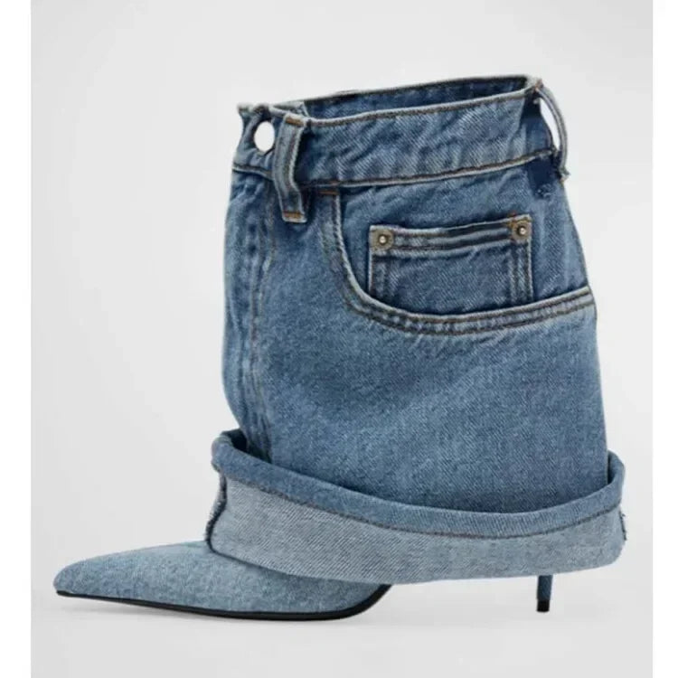 Autumn/Winter Denim Fine High Heel Skirt Boots - JAS AND SUE