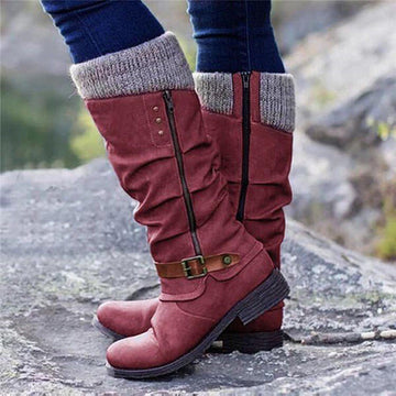 Thick heel side zipper yarn splicing women's boots - JAS AND SUE