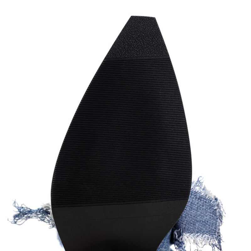 Elegant High-Heeled Color Matching Denim Knee High Boots - JAS AND SUE