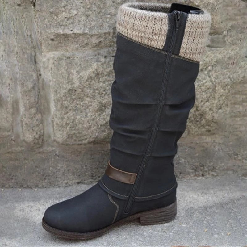 Thick heel side zipper yarn splicing women's boots - JAS AND SUE