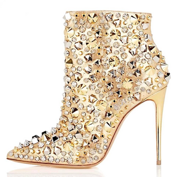 Glitter Gold Metallic Studs Ankle Boots Stiletto Heel Silver Shell Spikes Pointed Toe Booties Celebrity Dress Shoes - JAS AND SUE