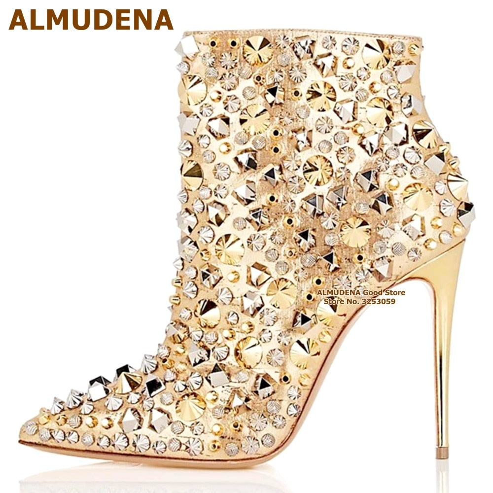 Glitter Gold Metallic Studs Ankle Boots Stiletto Heel Silver Shell Spikes Pointed Toe Booties Celebrity Dress Shoes - JAS AND SUE