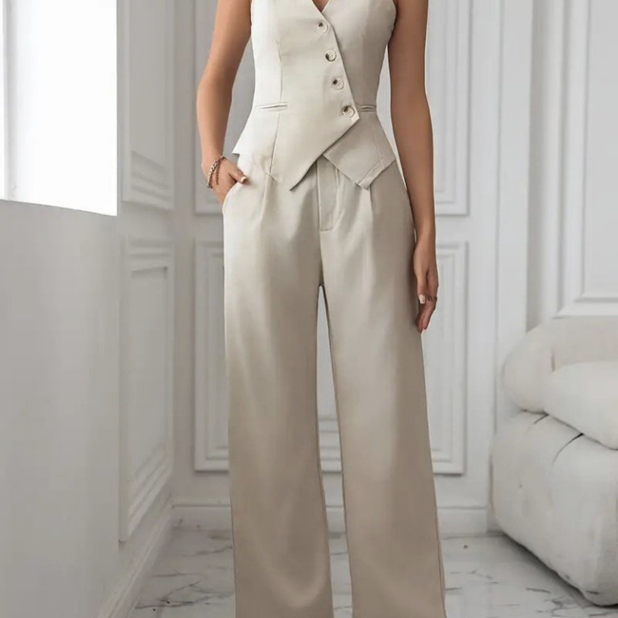 Woman wearing a beige vest and wide-leg pants in a room with white walls and a sofa.