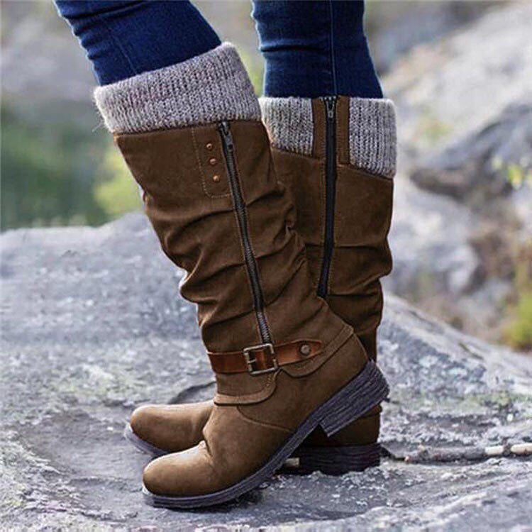 Thick heel side zipper yarn splicing women's boots - JAS AND SUE
