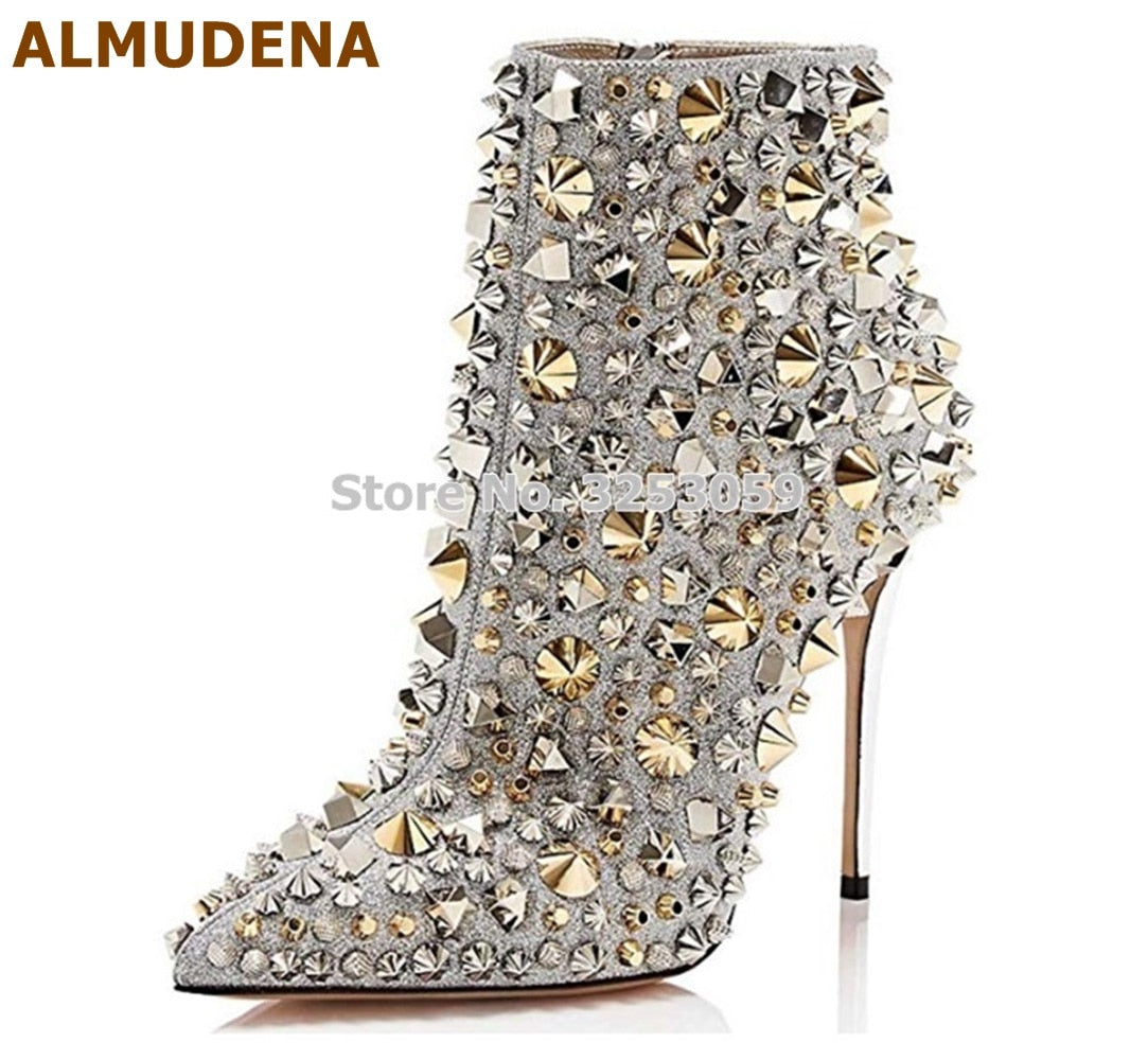 Glitter Gold Metallic Studs Ankle Boots Stiletto Heel Silver Shell Spikes Pointed Toe Booties Celebrity Dress Shoes - JAS AND SUE