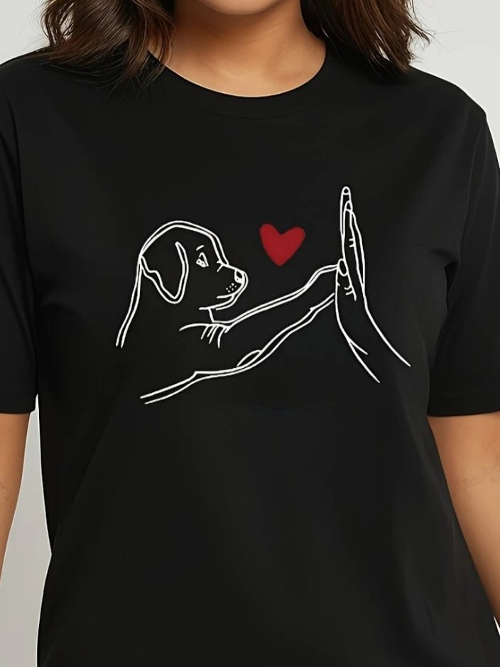 Cute Dog Print Black Viscose T-Shirt for Women