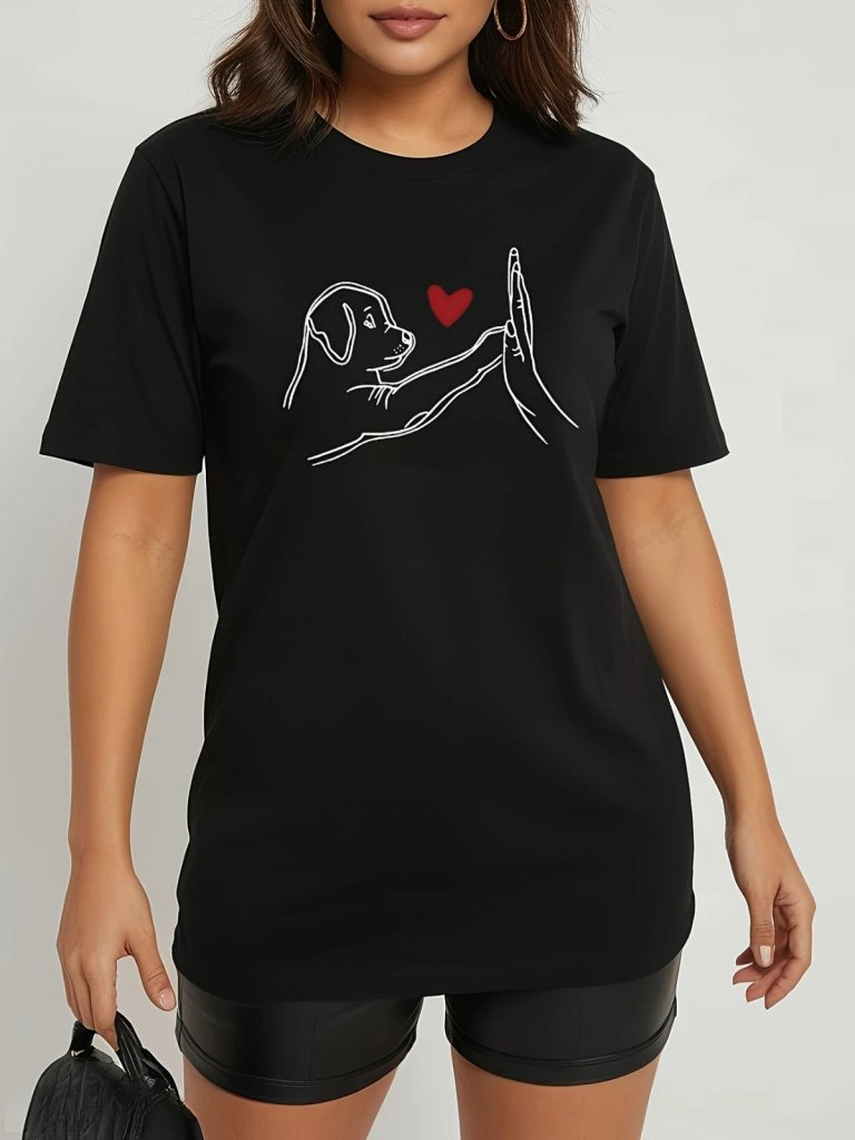 Cute Dog Print Black Viscose T-Shirt for Women