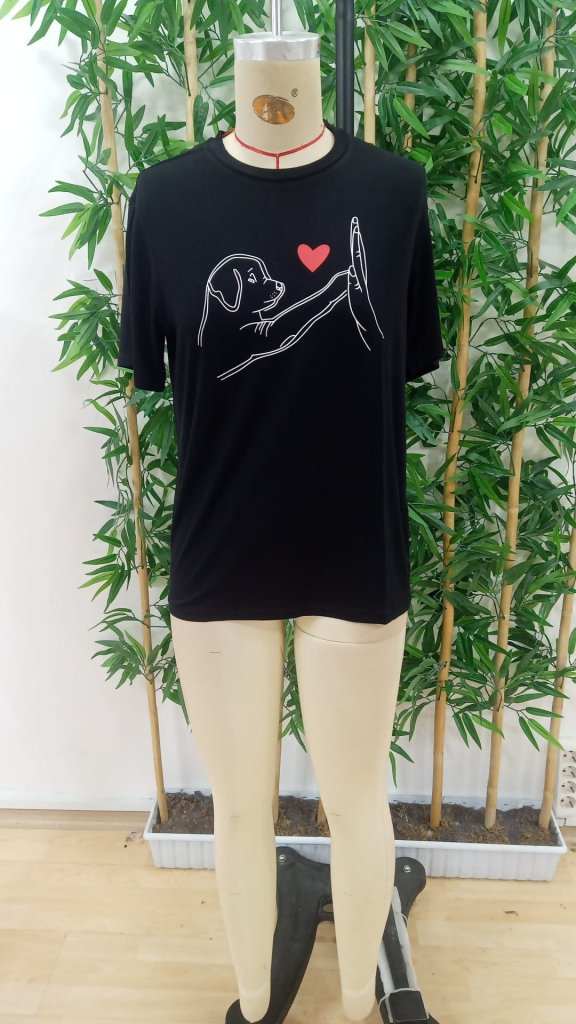 Cute Dog Print Black Viscose T-Shirt for Women