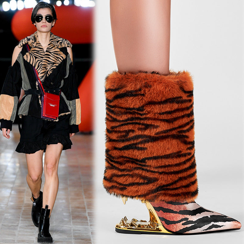 Elegant Brown Mid Calf High Heel Boots - JAS AND SUE