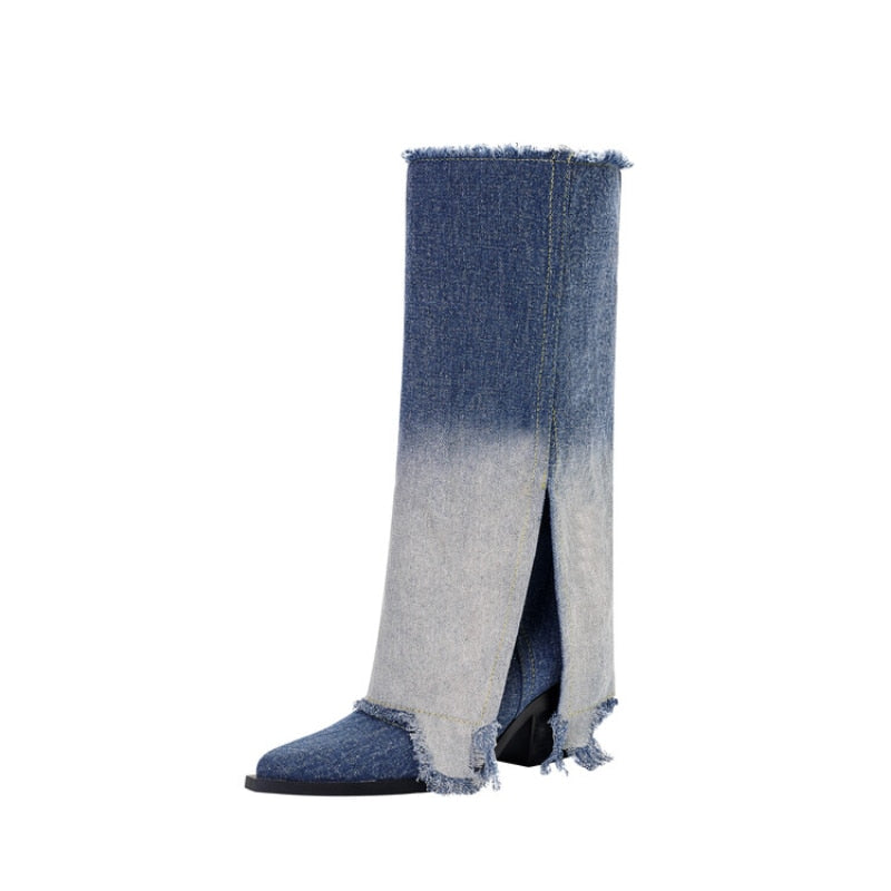 Elegant High-Heeled Color Matching Denim Knee High Boots - JAS AND SUE