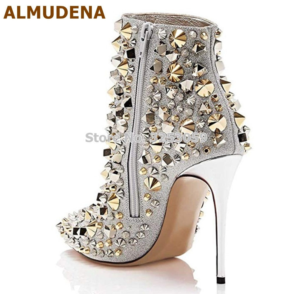 Glitter Gold Metallic Studs Ankle Boots Stiletto Heel Silver Shell Spikes Pointed Toe Booties Celebrity Dress Shoes - JAS AND SUE