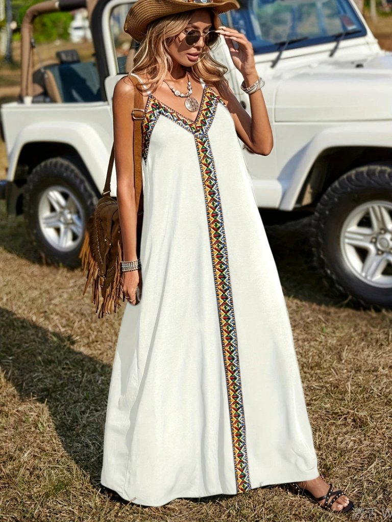 Ethnic Stripe V-Neck Viscose Summer Dress