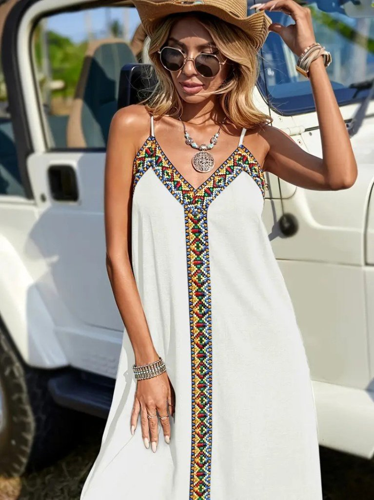 Ethnic Stripe V-Neck Viscose Summer Dress