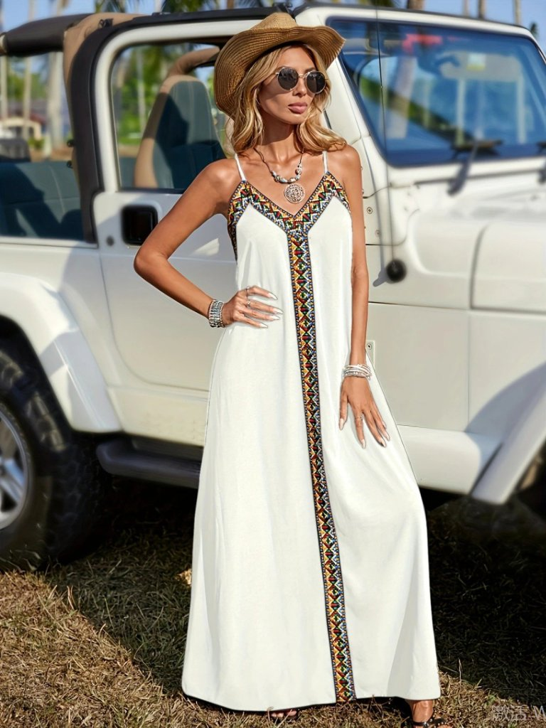 Ethnic Stripe V-Neck Viscose Summer Dress