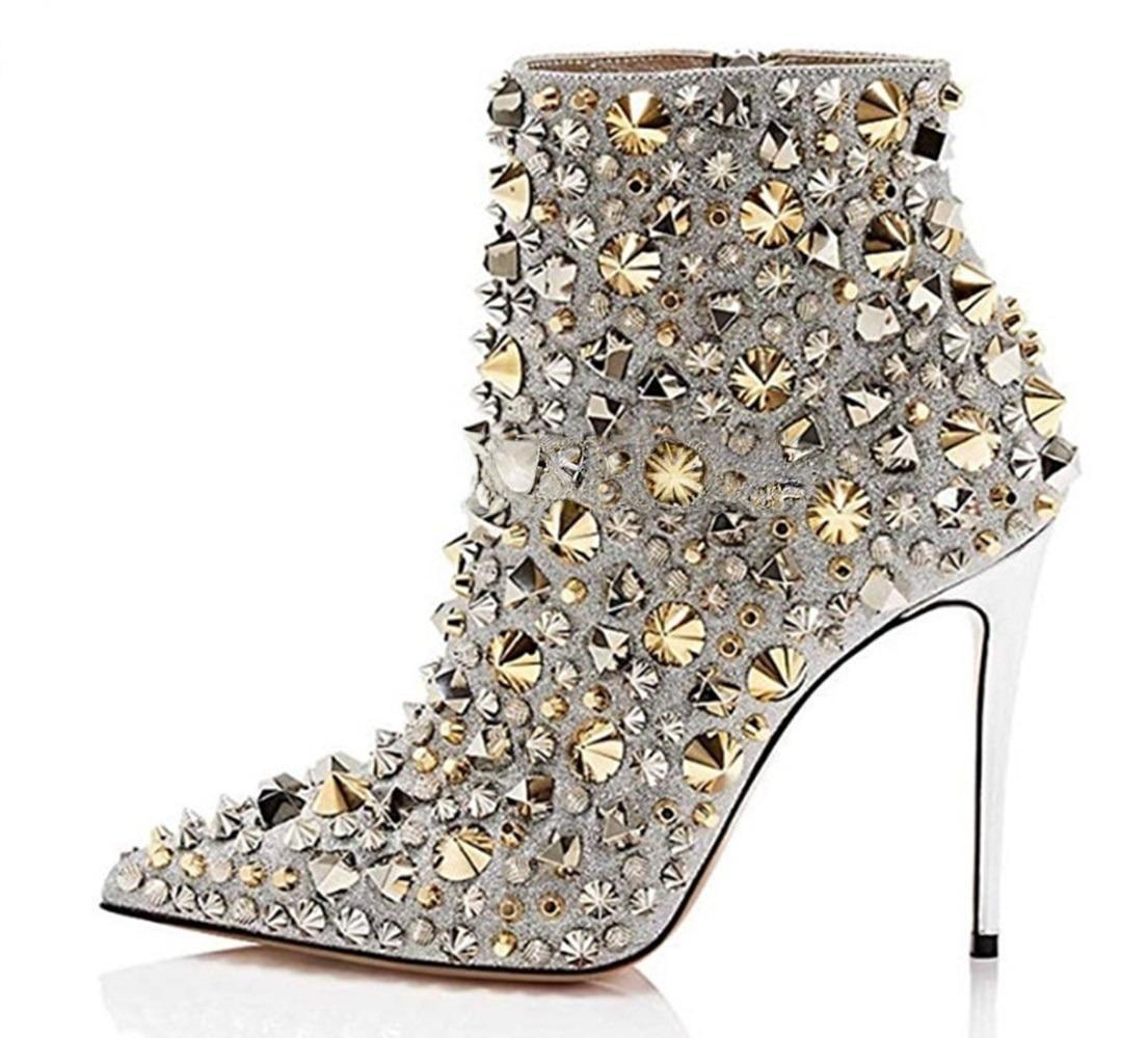 Glitter Gold Metallic Studs Ankle Boots Stiletto Heel Silver Shell Spikes Pointed Toe Booties Celebrity Dress Shoes - JAS AND SUE