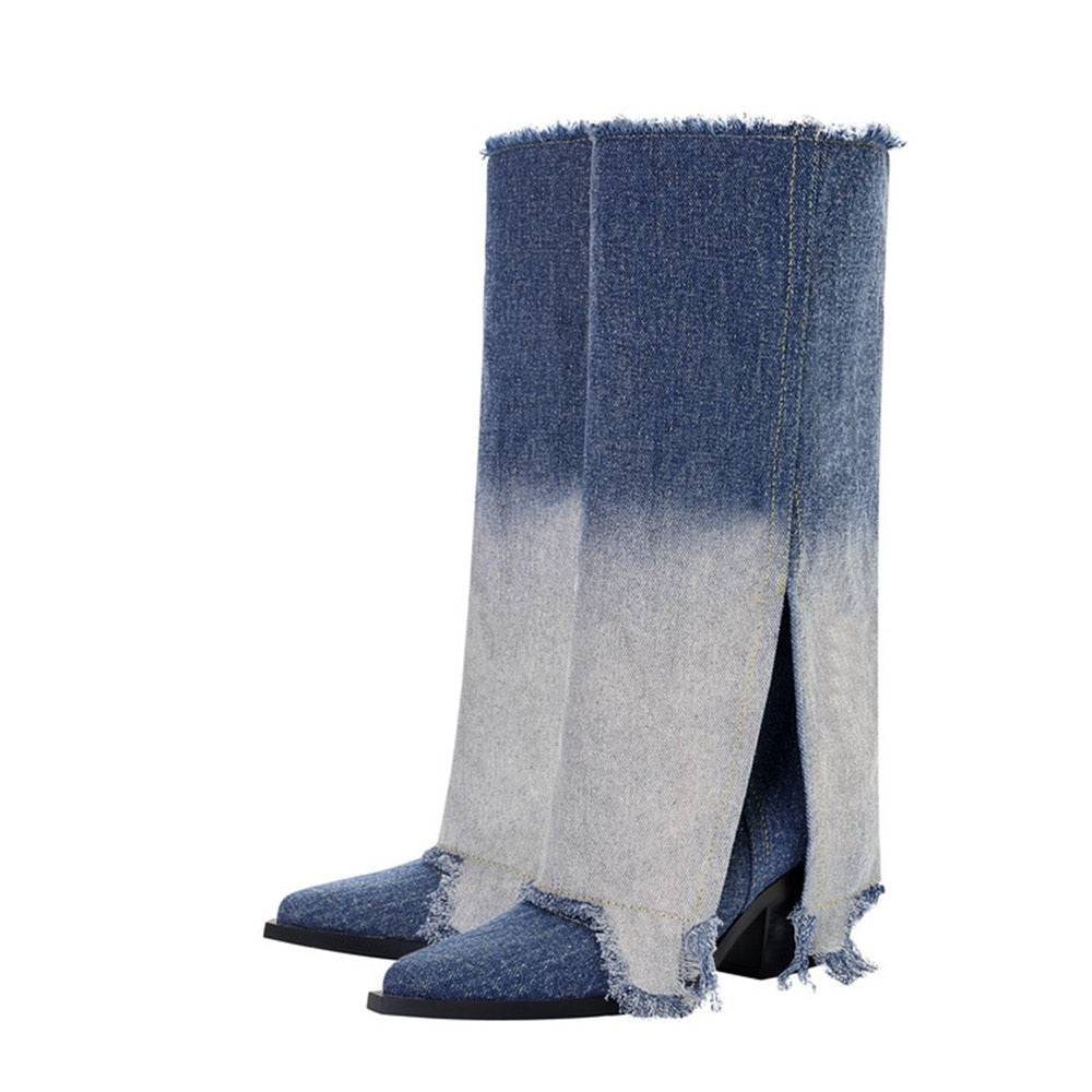 Elegant High-Heeled Color Matching Denim Knee High Boots - JAS AND SUE