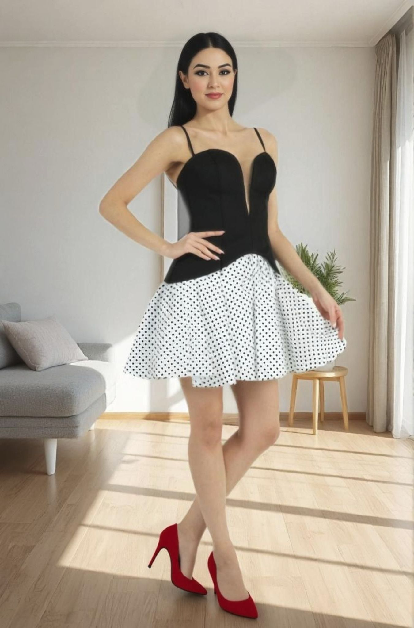 Ruched Polka Dot Side Dress