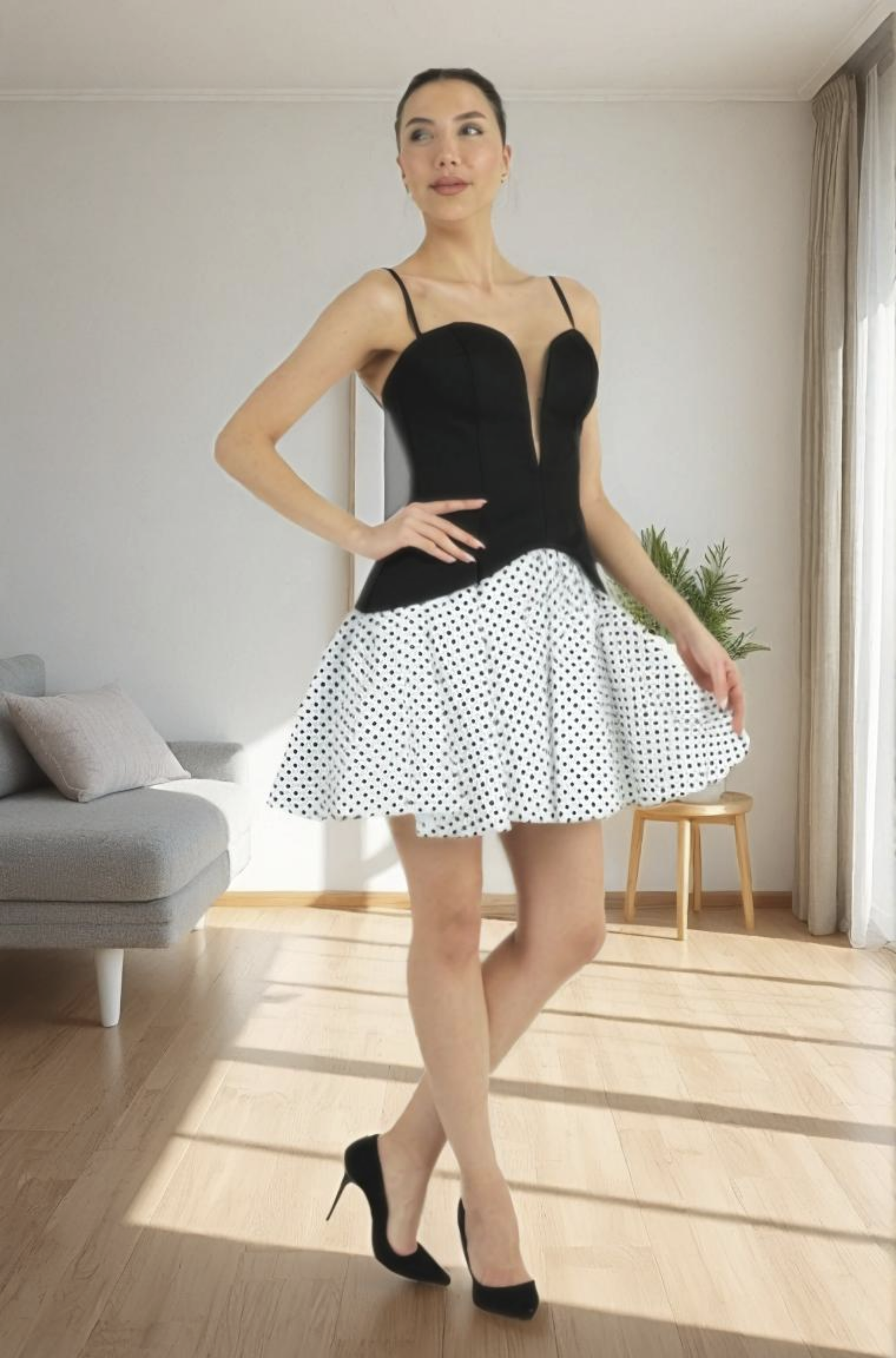 Woman wearing a black and white polka dot dress in a room with a couch and plant.