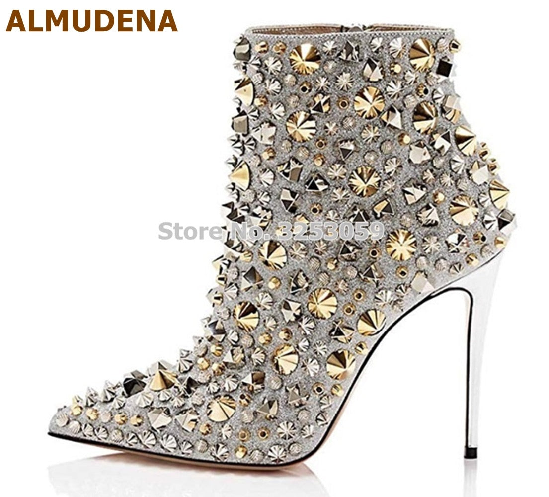 Glitter Gold Metallic Studs Ankle Boots Stiletto Heel Silver Shell Spikes Pointed Toe Booties Celebrity Dress Shoes - JAS AND SUE