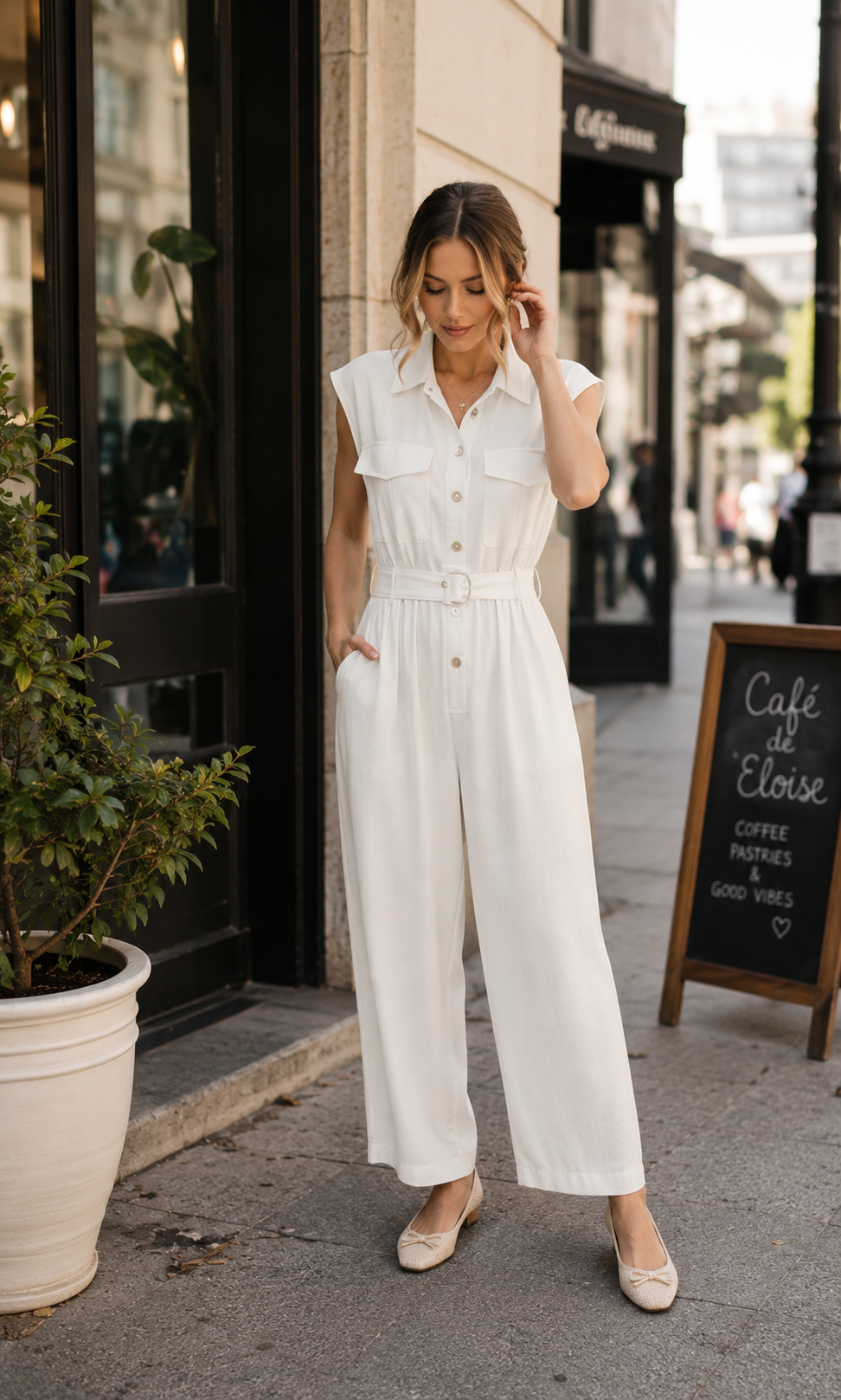 A woman wearing a white sleeveless jumpsuit with a buttoned chest and wide legs, standing on a city sidewalk in front of a storefront. She is wearing beige pointed-toe flats, with a potted plant and a chalkboard cafe sign visible.