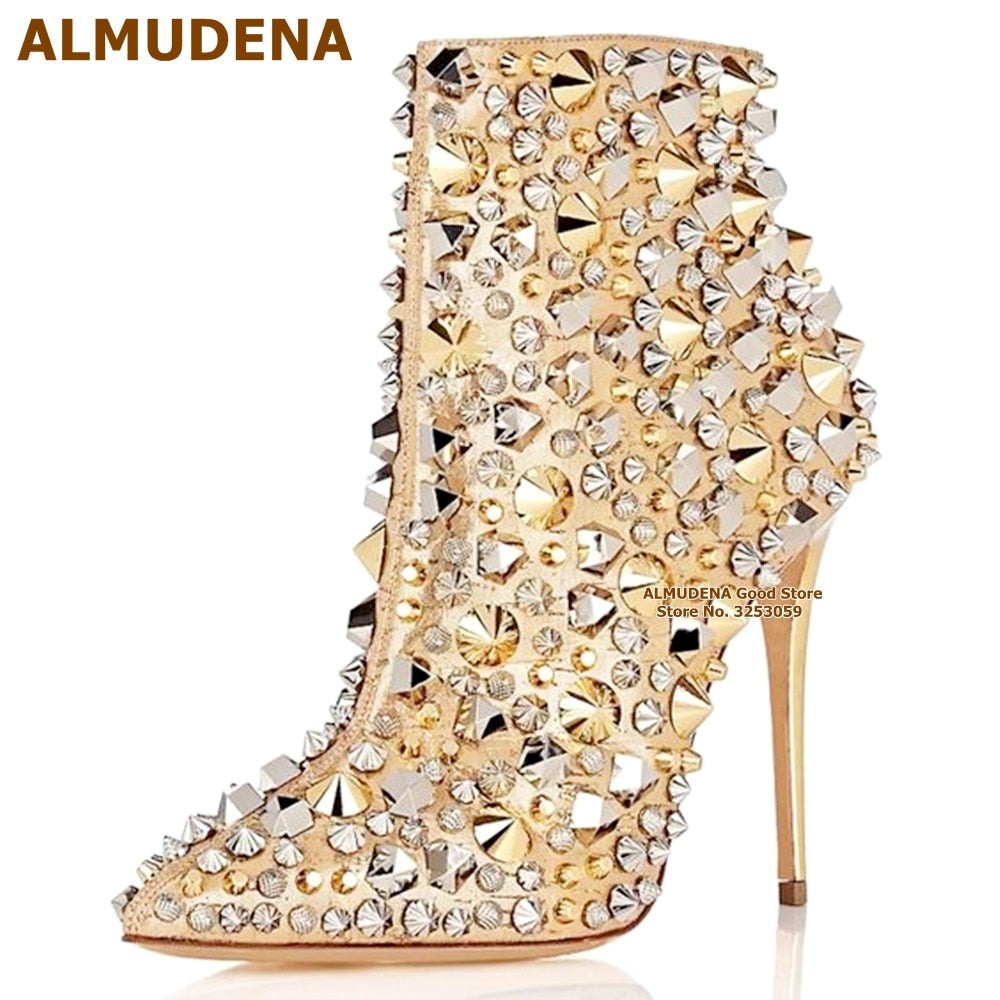 Glitter Gold Metallic Studs Ankle Boots Stiletto Heel Silver Shell Spikes Pointed Toe Booties Celebrity Dress Shoes - JAS AND SUE