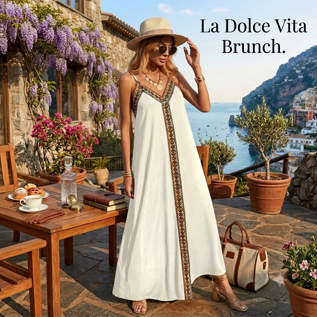 Long flowing maxi dress with ethnic stripes, strappy v-neck design, styled with a wide-brimmed hat and sunglasses.