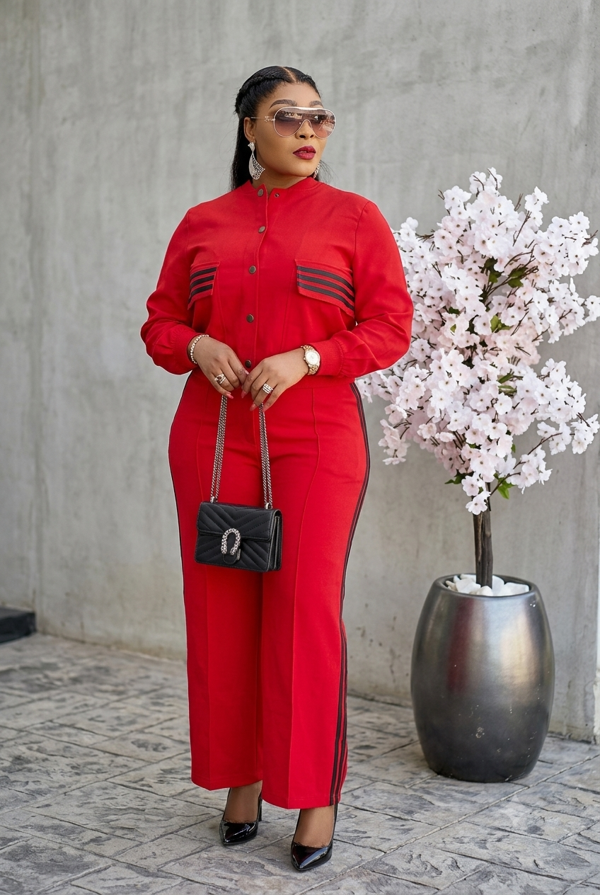 Woman in a red two-piece long sleeve suit, accessorized with sunglasses, ideal for special occasions and evening events.