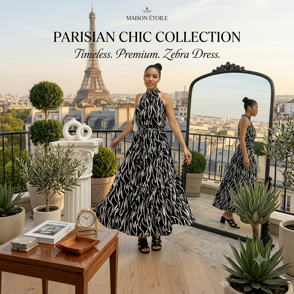 Model wearing the Verona Noir Maxi Dress with a flowing silhouette and halter neckline against a cityscape backdrop.