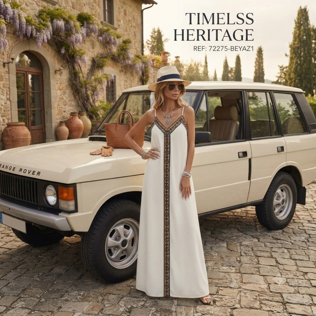 Strappy v-neck maxi dress with ethnic stripes, styled outdoors for casual summer outings.