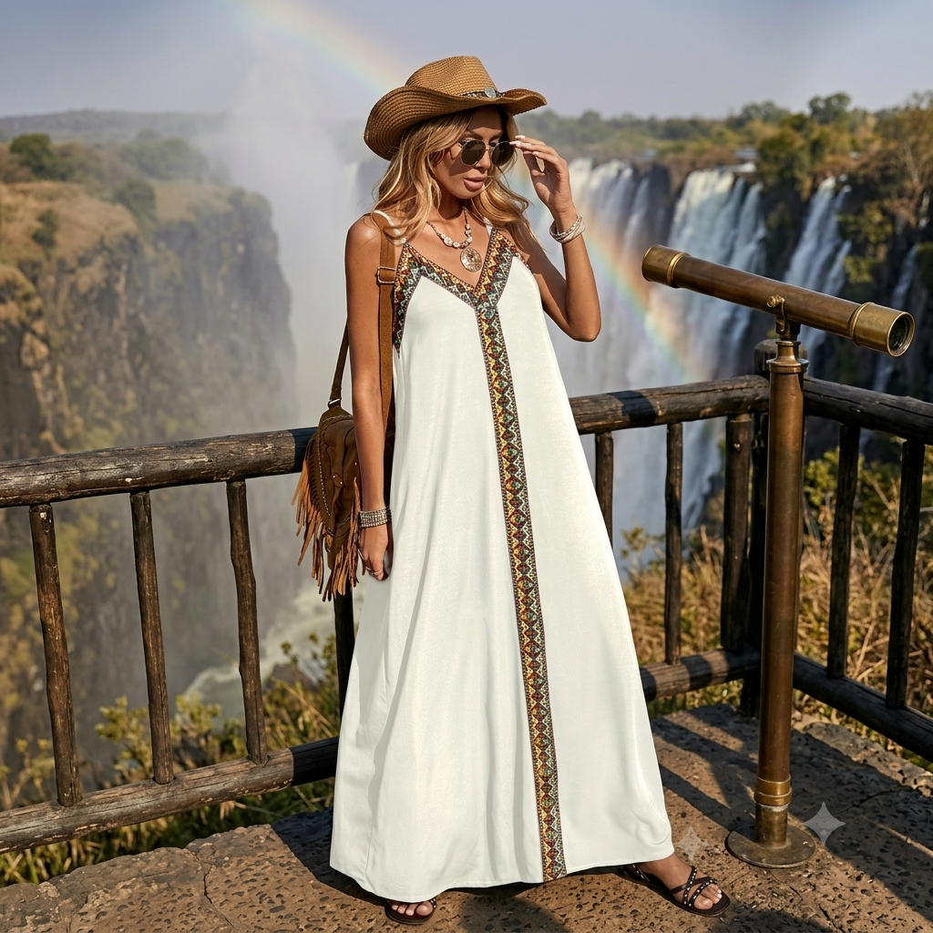 Model wearing a long, flowing strappy v-neck ethnic stripe maxi dress outdoors near a waterfall, styled with a hat and sunglasses.