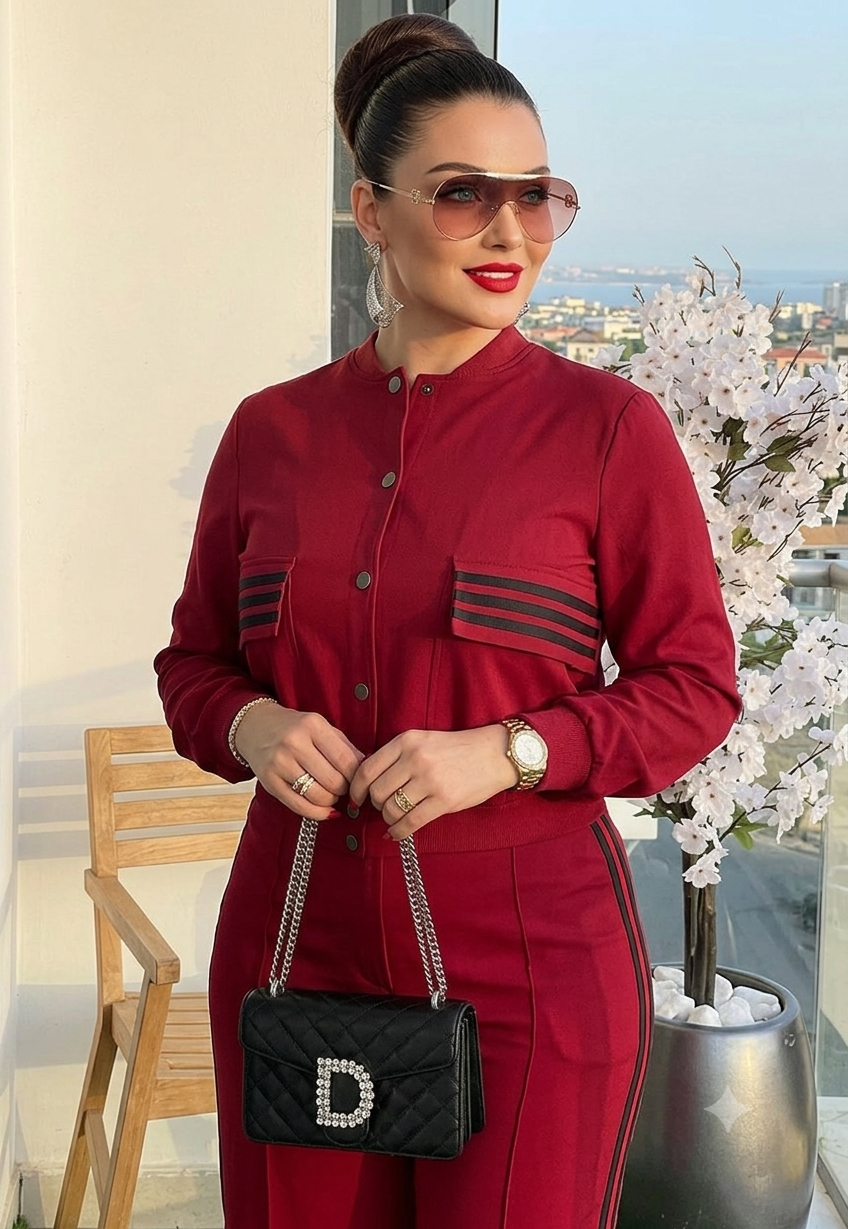 Smart Plus Size Long Sleeve Red Suit styled with sunglasses and a handbag, perfect for special occasions and evening events.