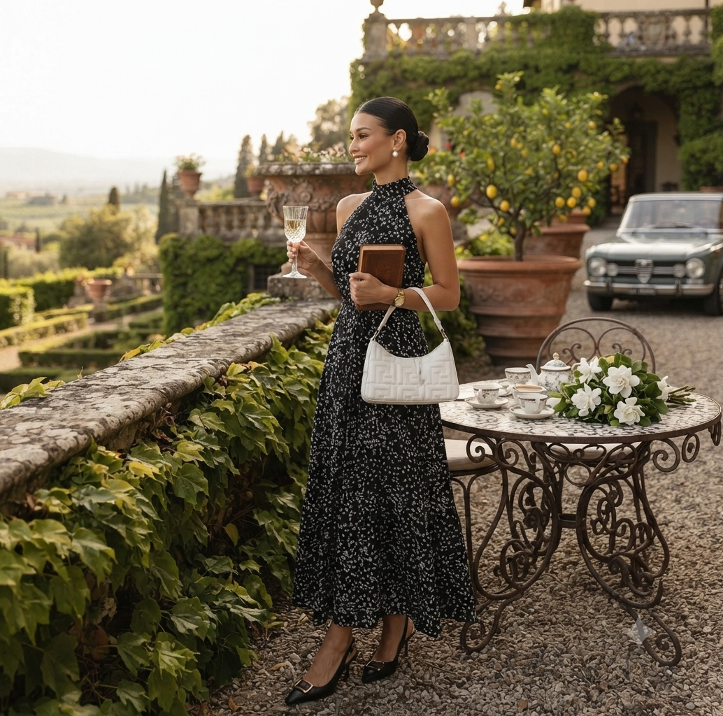 Woman in a black floral maxi dress with a halter neckline, accessorized with a white handbag in an outdoor garden setting.