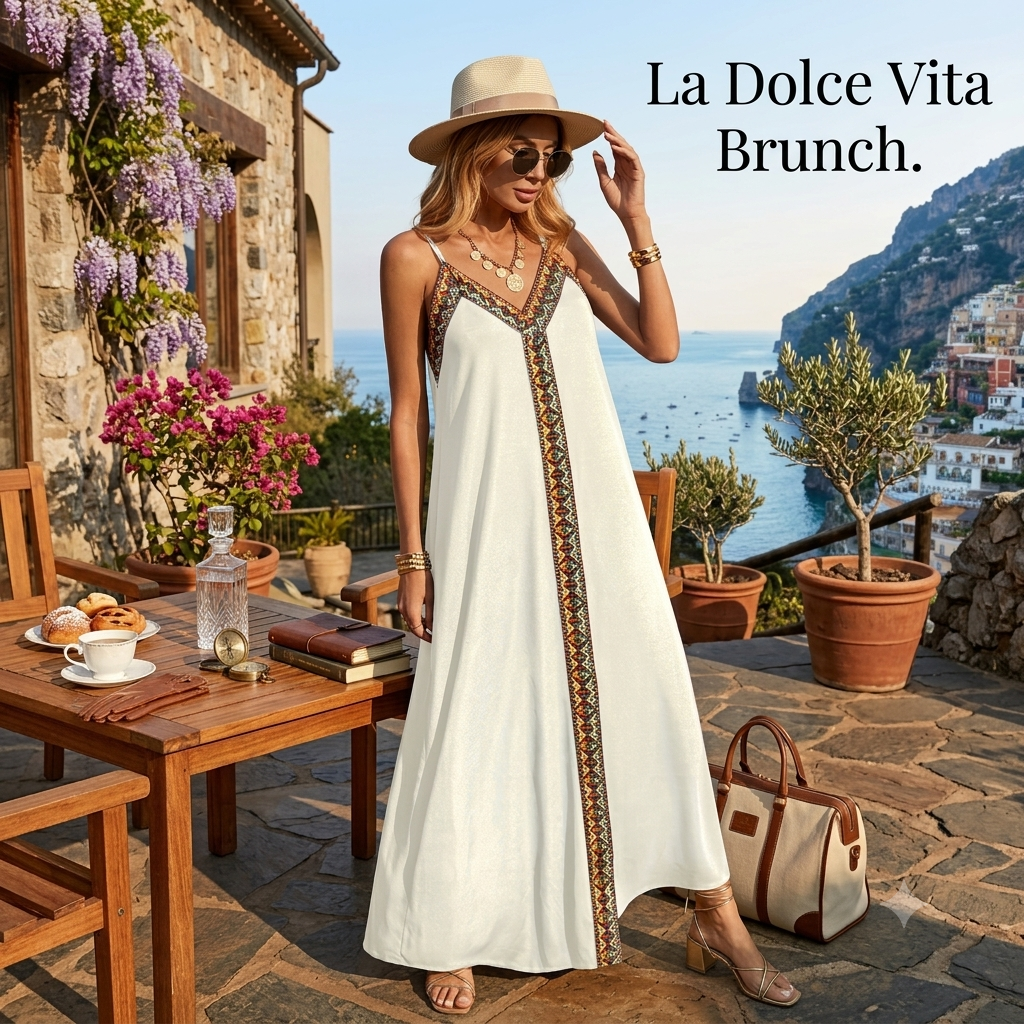Long, flowing maxi dress with ethnic stripes and strappy v-neck, perfect for special occasions and evening events.