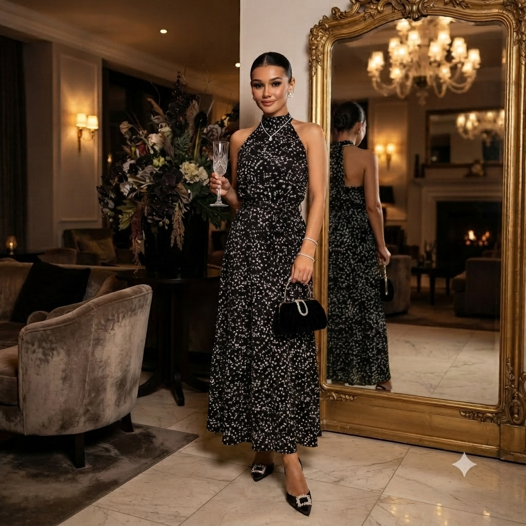 Woman in a flowing black floral maxi dress with a halter neckline, styled for special occasions and evening events.