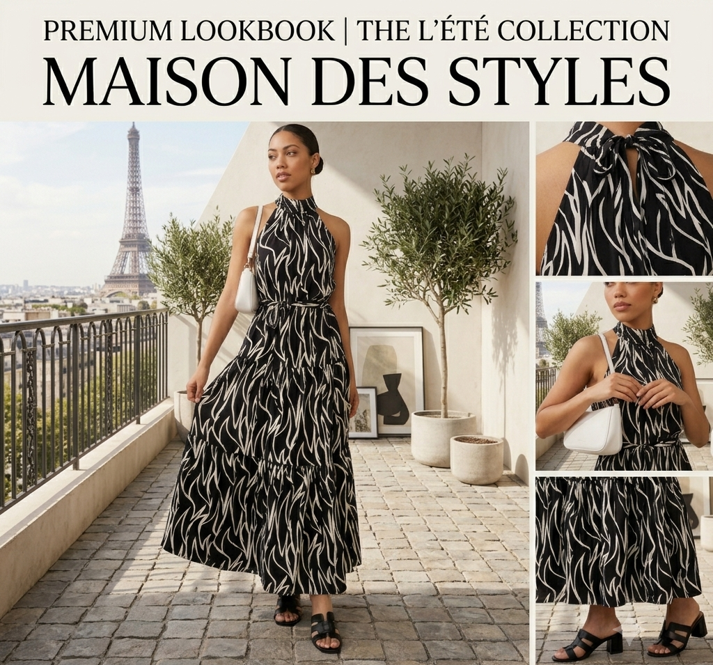 Model wearing the Verona Noir Maxi Dress with a halter neckline and flowing silhouette against a balcony view.
