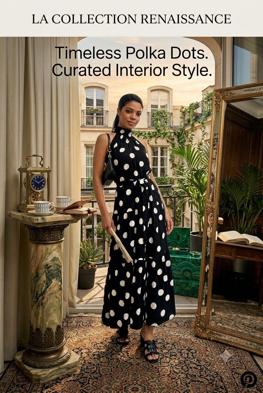Monaco Polka Dot Maxi Dress featuring a flowing silhouette, halter neckline, and large monochrome polka dots.