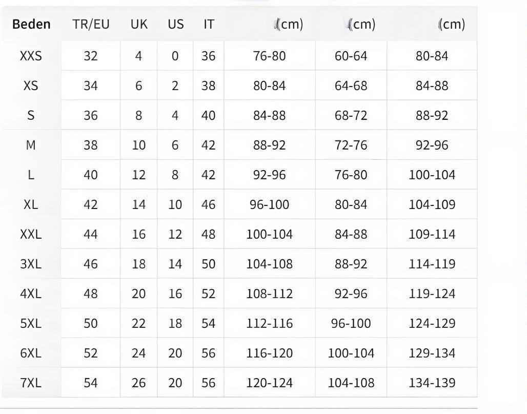 Beden size chart with measurements in TR/EU, UK, US, and IT