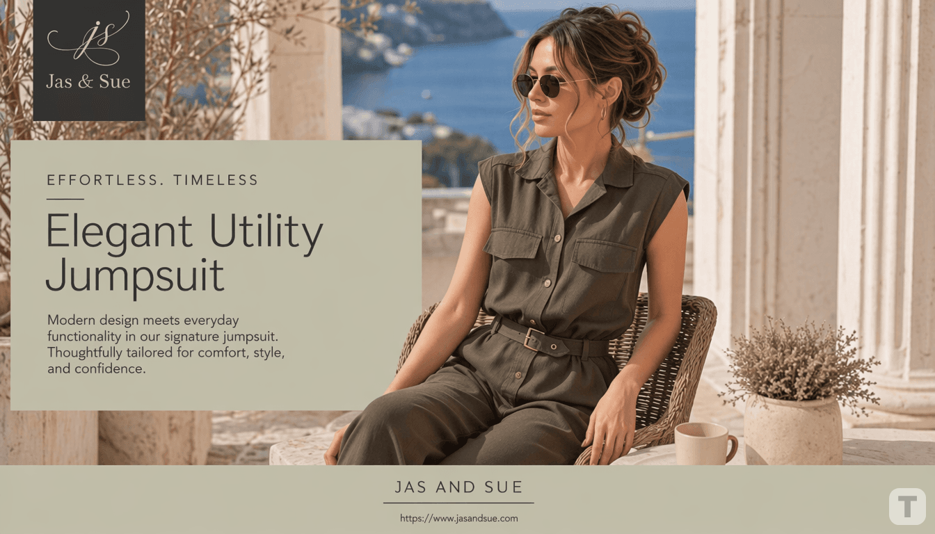 A woman wearing a dark olive green sleeveless utility jumpsuit sits in a wicker chair in a sunlit outdoor setting with columns and a blue sea in the background. The image features a brand overlay for 'Jas & Sue' and product text reading 'Elegant Utility Jumpsuit'.