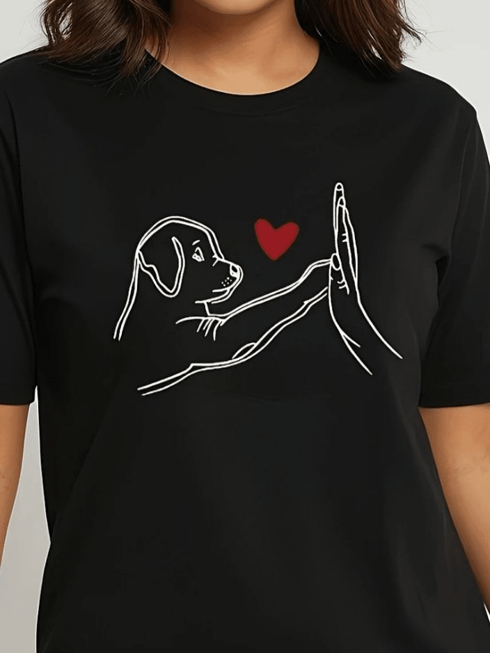 Cute Dog Print Black Viscose T-Shirt for Women - JAS AND SUE