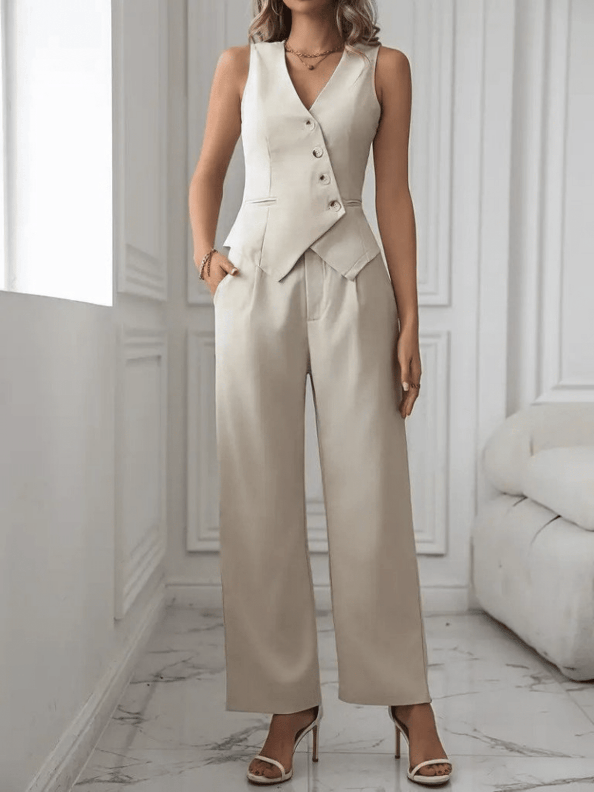 Satin Two-Piece Suit: Sleeveless Waist coat & Trousers Set - JAS AND SUE