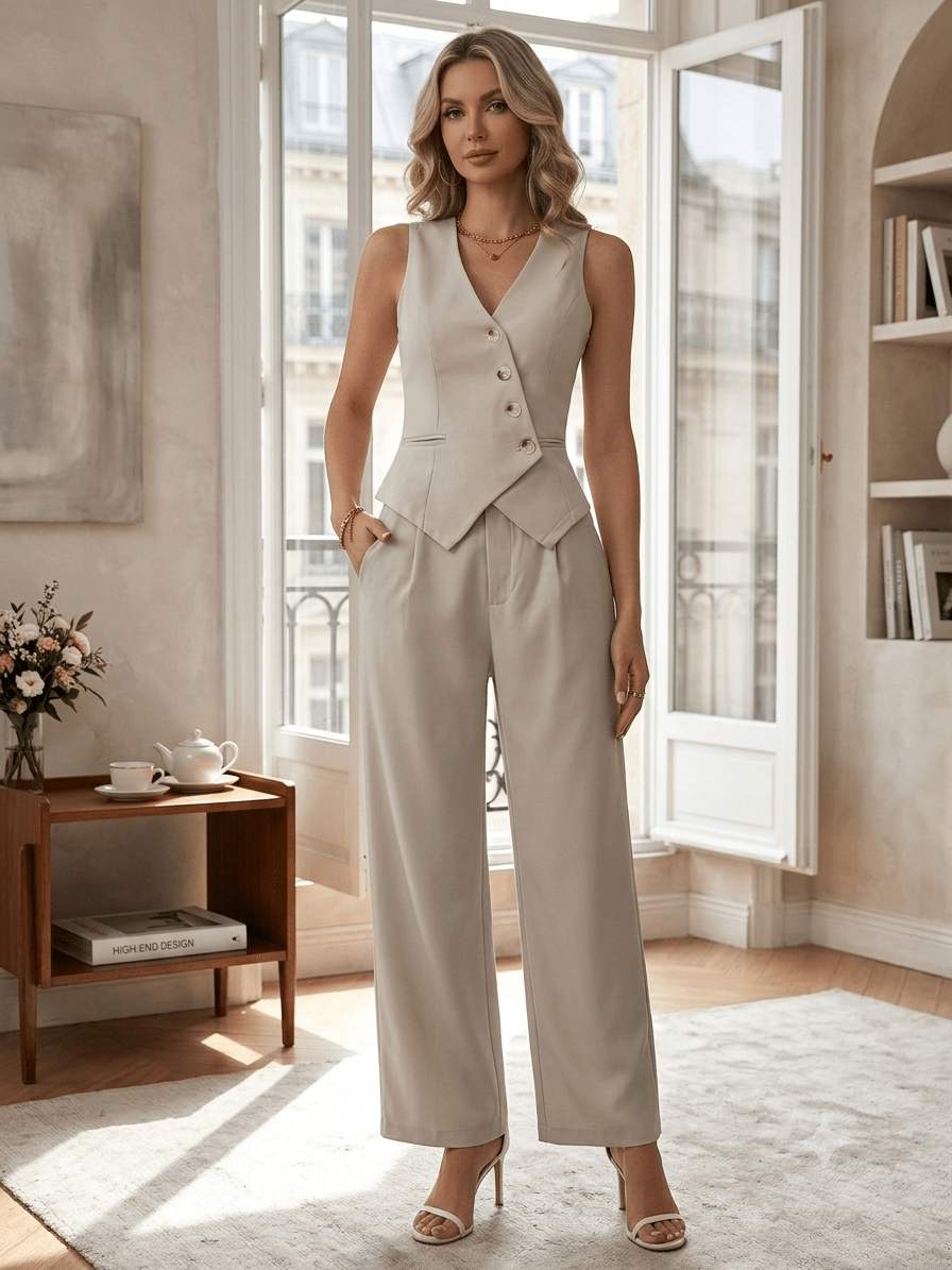 Satin Two-Piece Suit: Sleeveless Waist coat & Trousers Set - JAS AND SUE